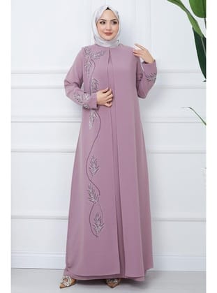 Büyük Beden Yaprak Taşlı Anne Elbisesi Pembe HM2350