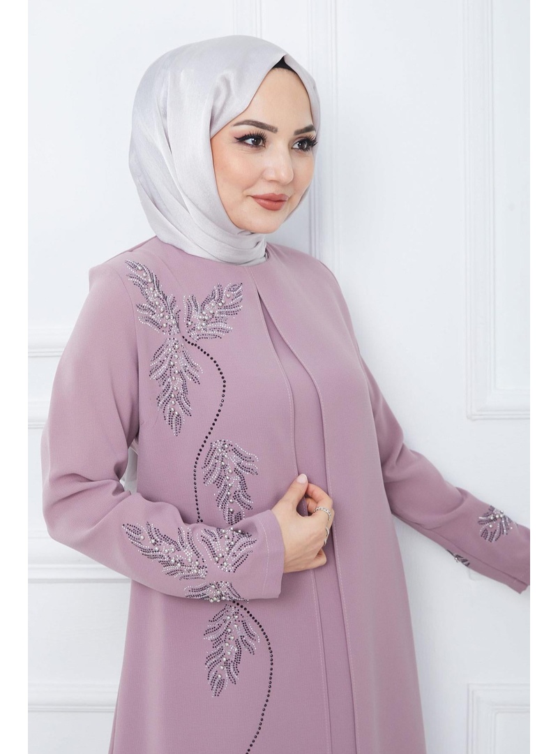 Büyük Beden Yaprak Taşlı Anne Elbisesi Pembe HM2350 - Resim 2