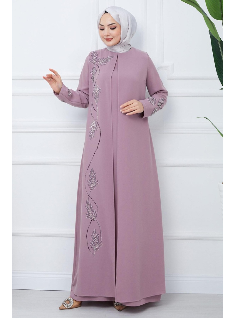 Büyük Beden Yaprak Taşlı Anne Elbisesi Pembe HM2350 - Resim 3