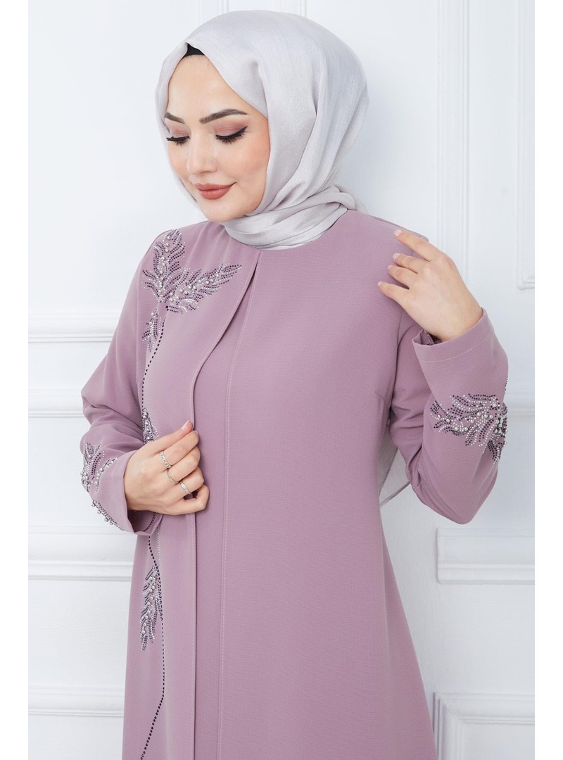 Büyük Beden Yaprak Taşlı Anne Elbisesi Pembe HM2350 - Resim 4