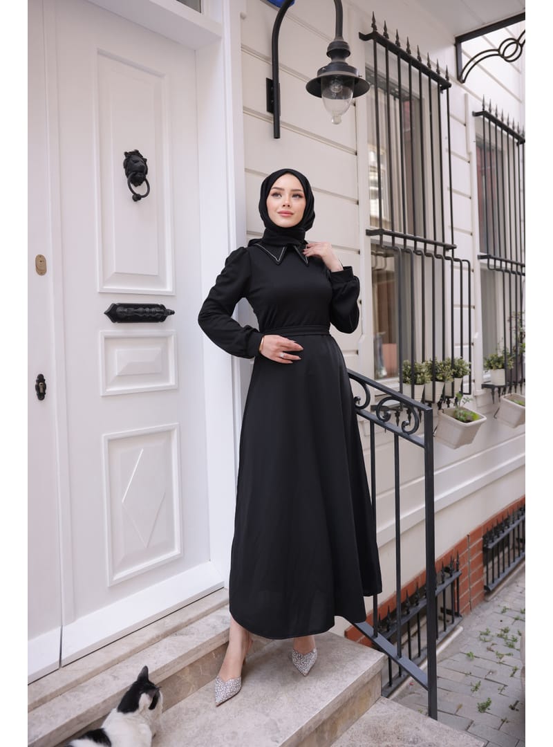 4447 - Taşlı Tesettür Elbise Si̇yah-K9 - Resim 2