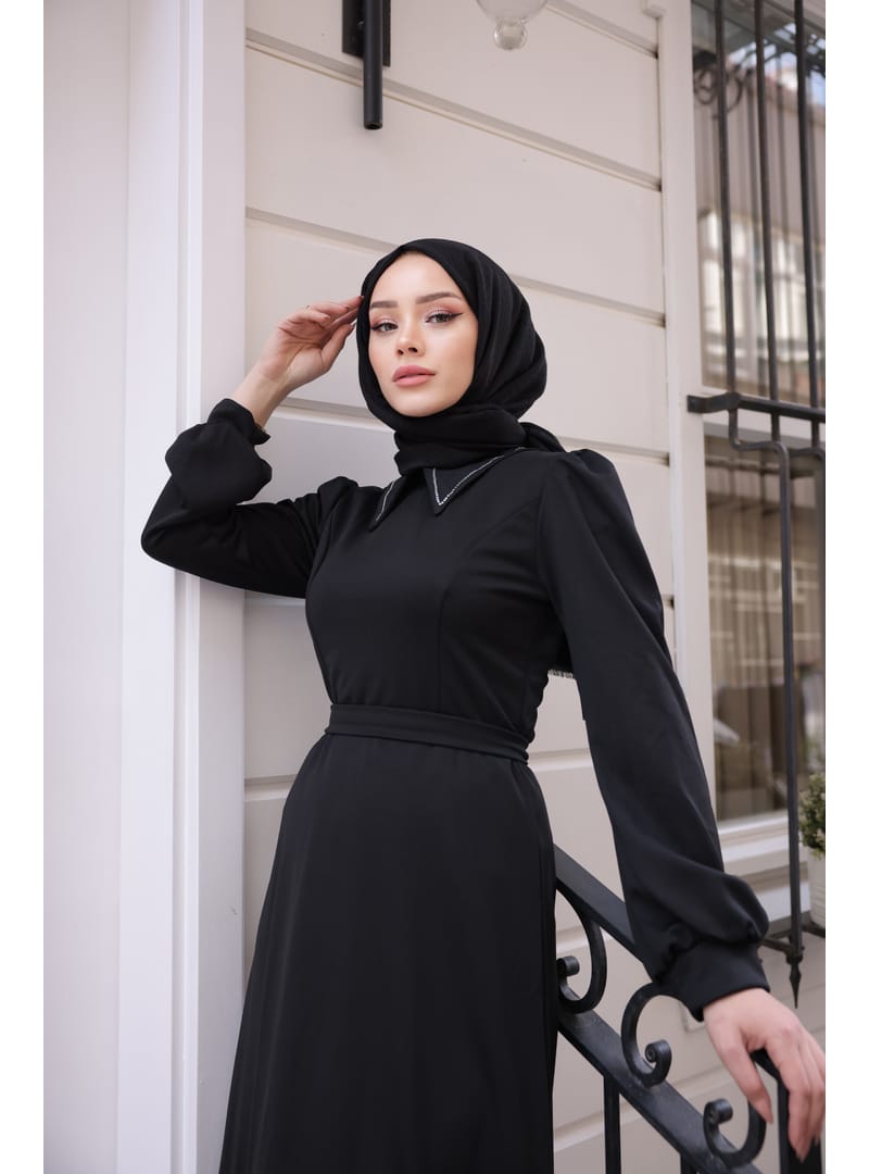 4447 - Taşlı Tesettür Elbise Si̇yah-K9 - Resim 3