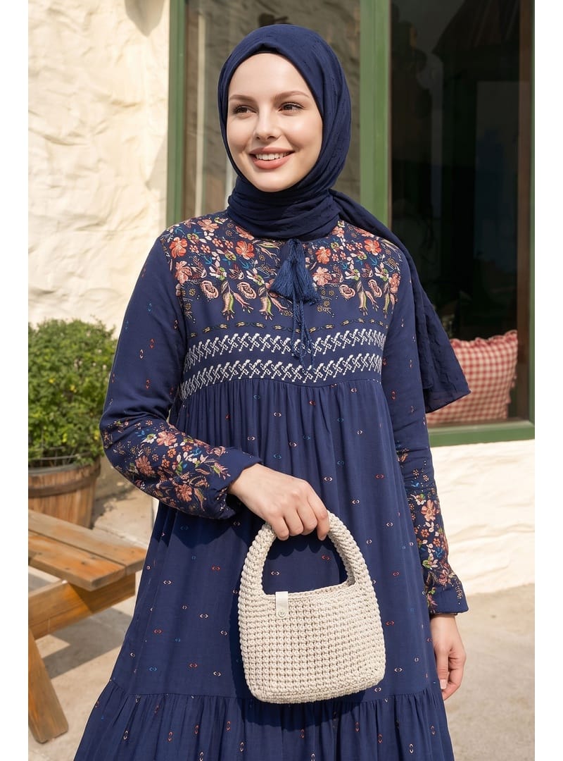 Sulu Desenli Salaş Elbise - Lacivert - Resim 2