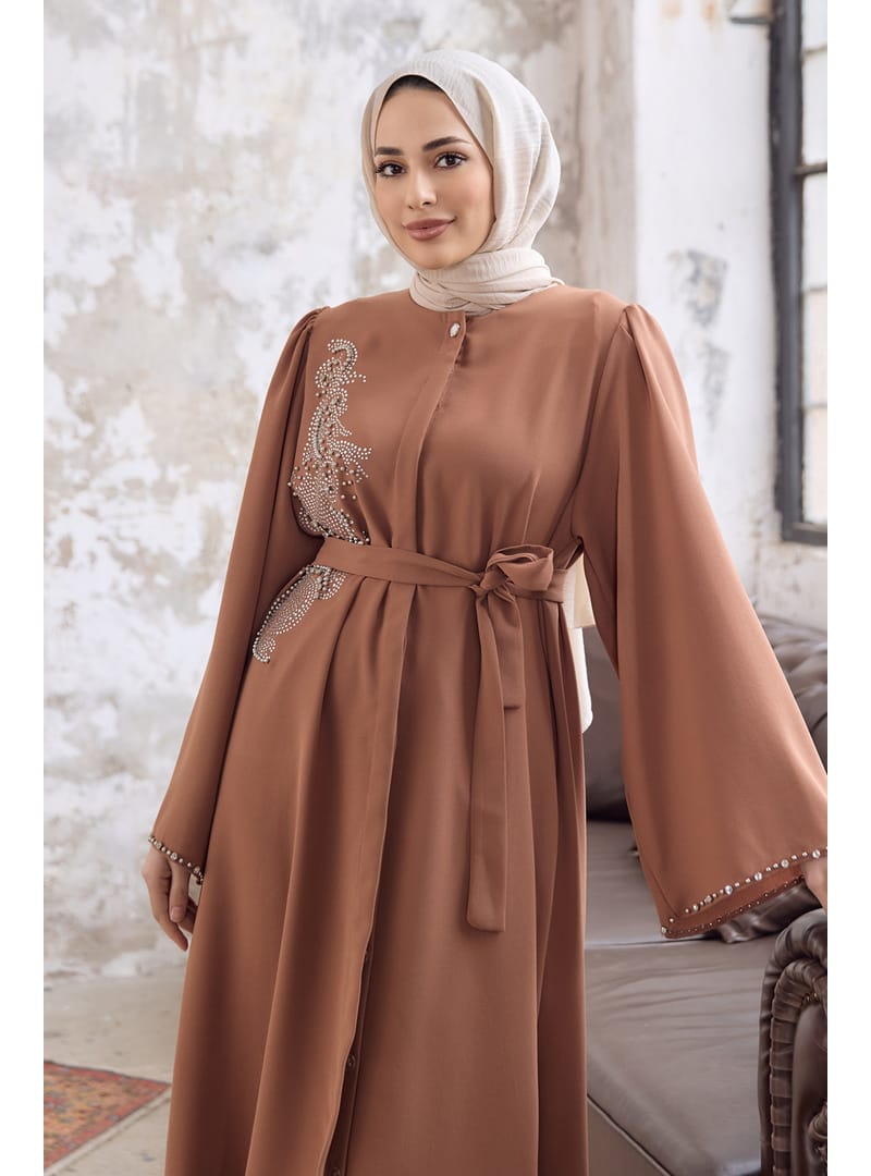Lora Taşlı Abaya - Camel - Resim 2