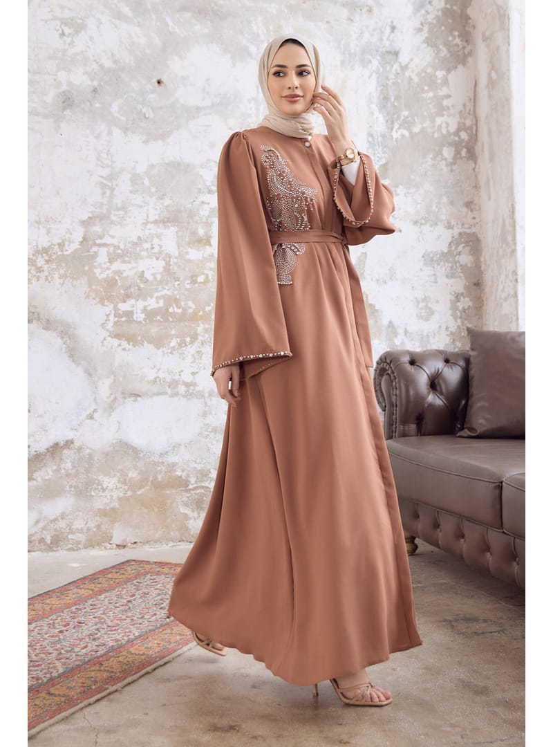 Lora Taşlı Abaya - Camel - Resim 3