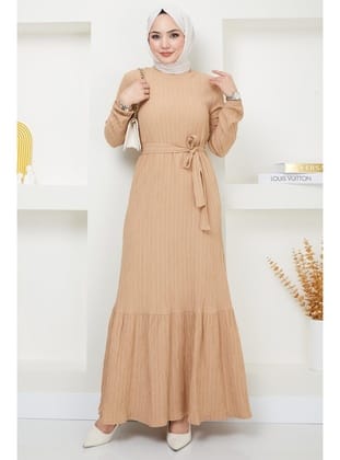 Lara Kuşaklı Elbise Bej HM2371