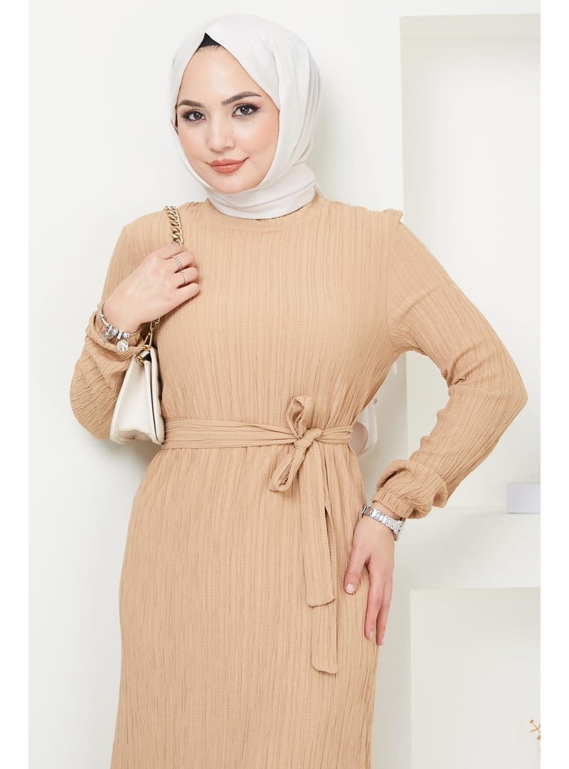 Lara Kuşaklı Elbise Bej HM2371 - Resim 2