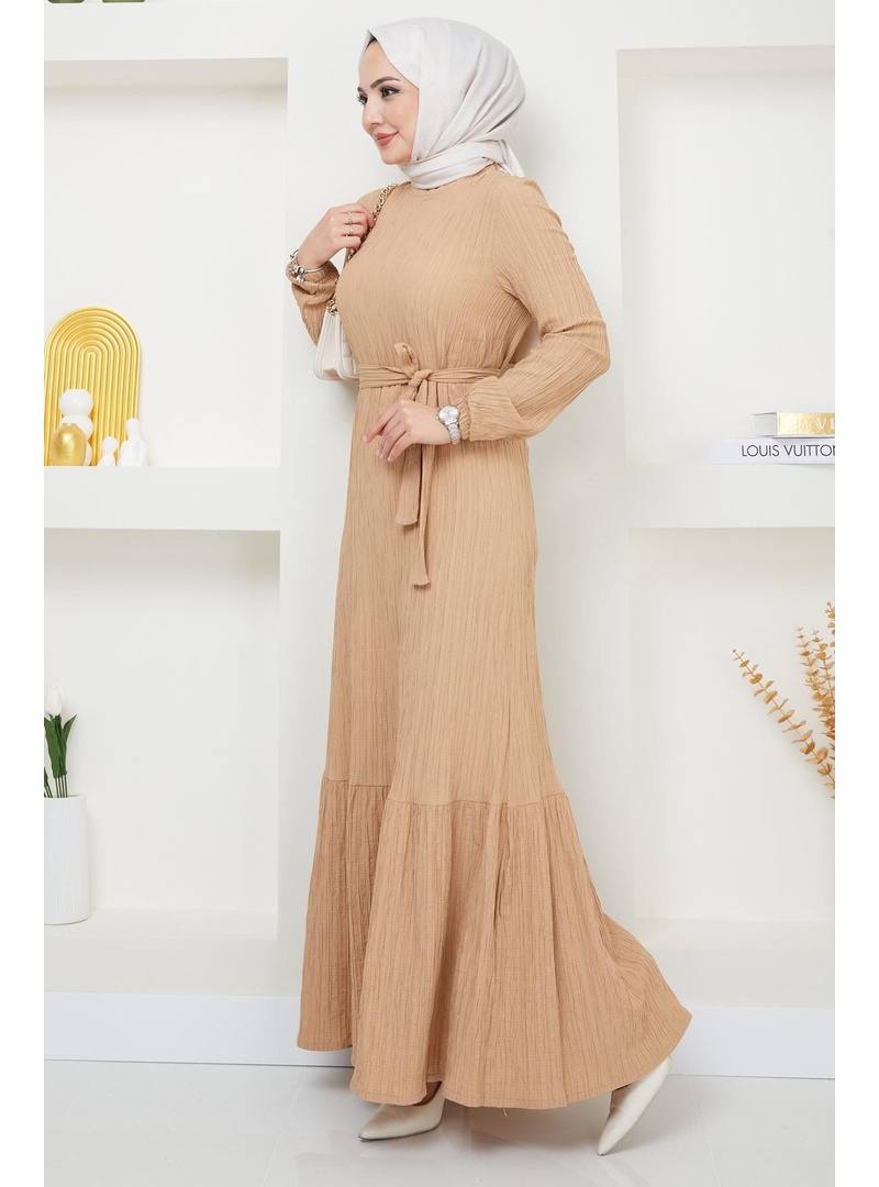 Lara Kuşaklı Elbise Bej HM2371 - Resim 4