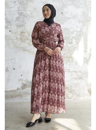 Kemerli Etnik Desen Şifon Elbise - Mürdüm