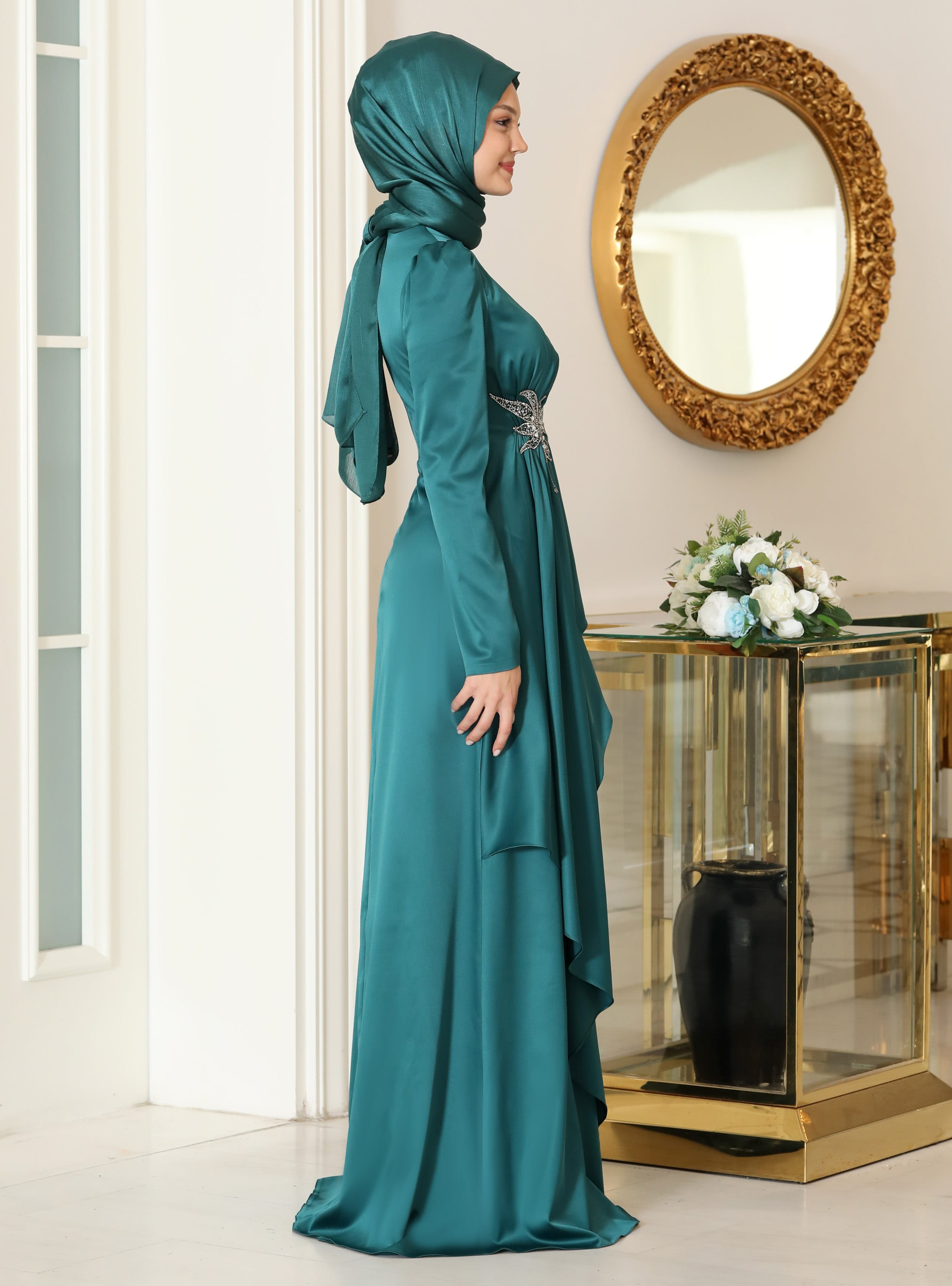 Tesettür Abiye Elbise - Zümrüt Yeşili - Azra Design - Resim 2