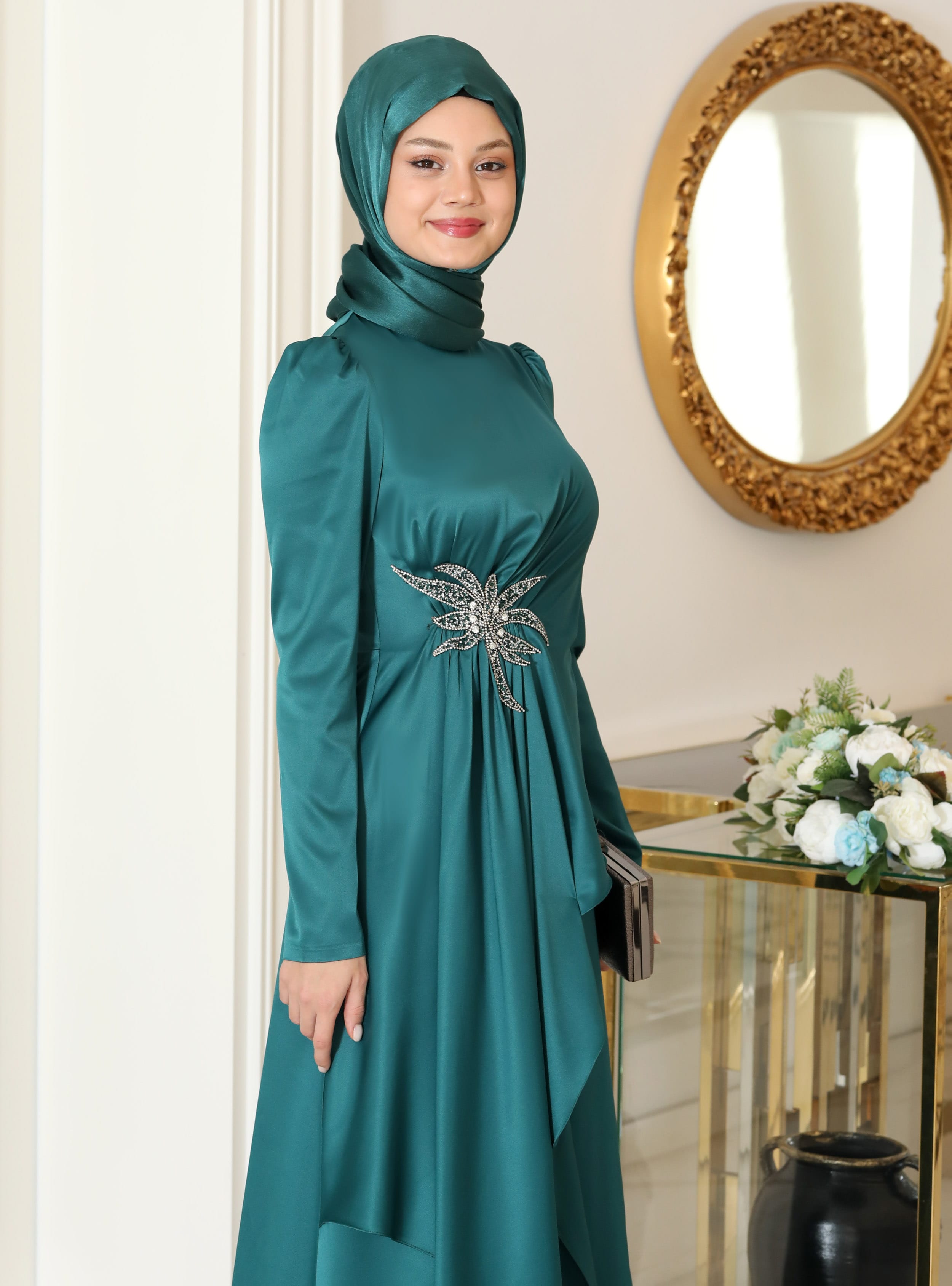 Tesettür Abiye Elbise - Zümrüt Yeşili - Azra Design - Resim 3