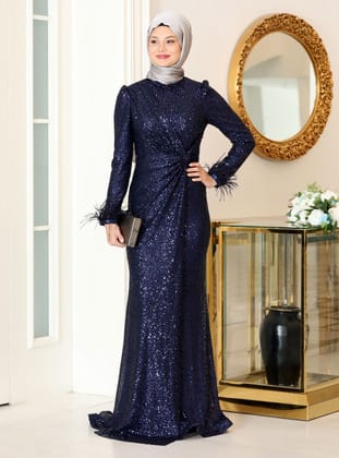 Hüma Payet Tesettür Abiye Elbise - Lacivert - Azra Design