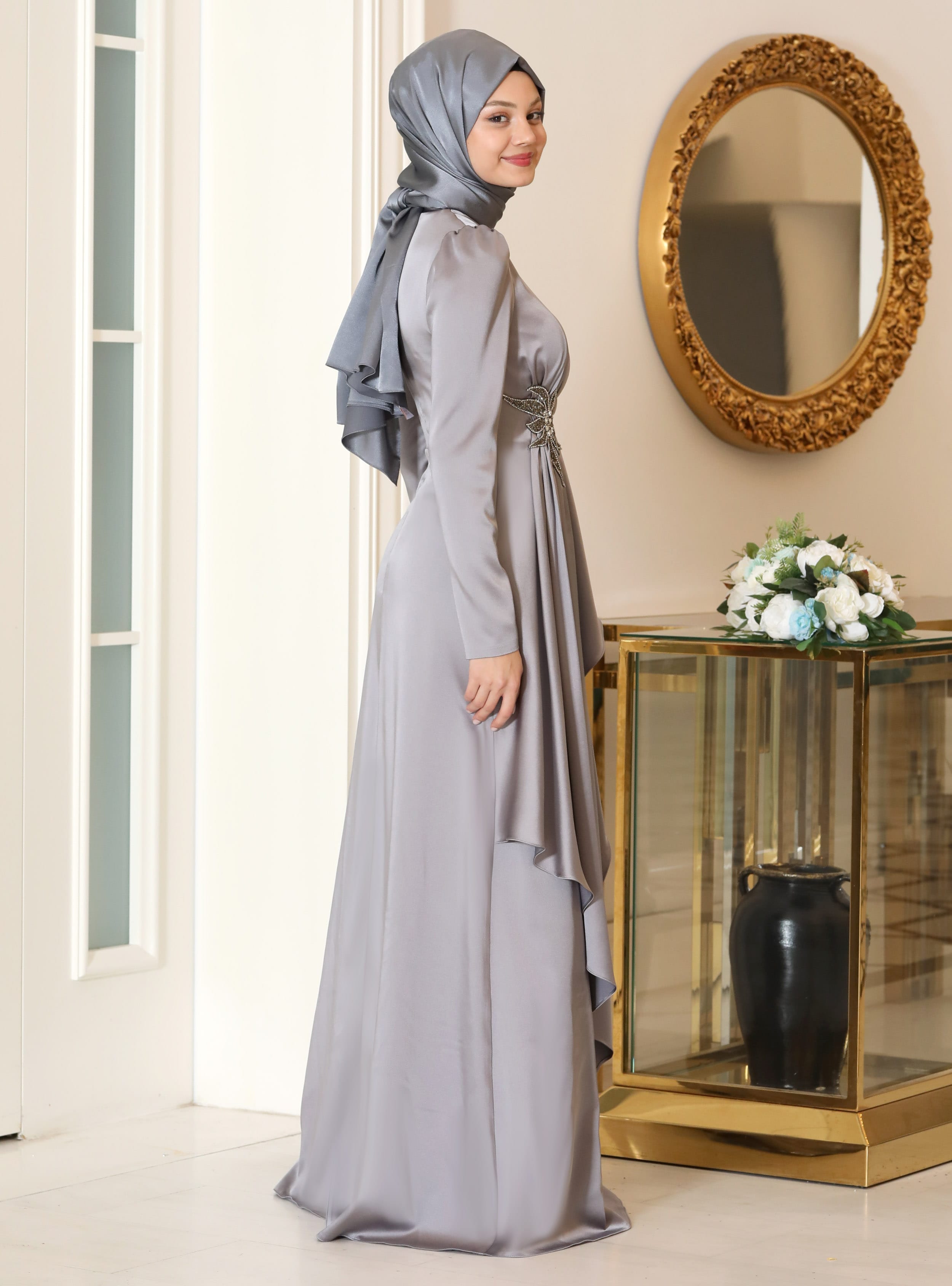 Tesettür Abiye Elbise - Gümüş Rengi - Azra Design - Resim 3