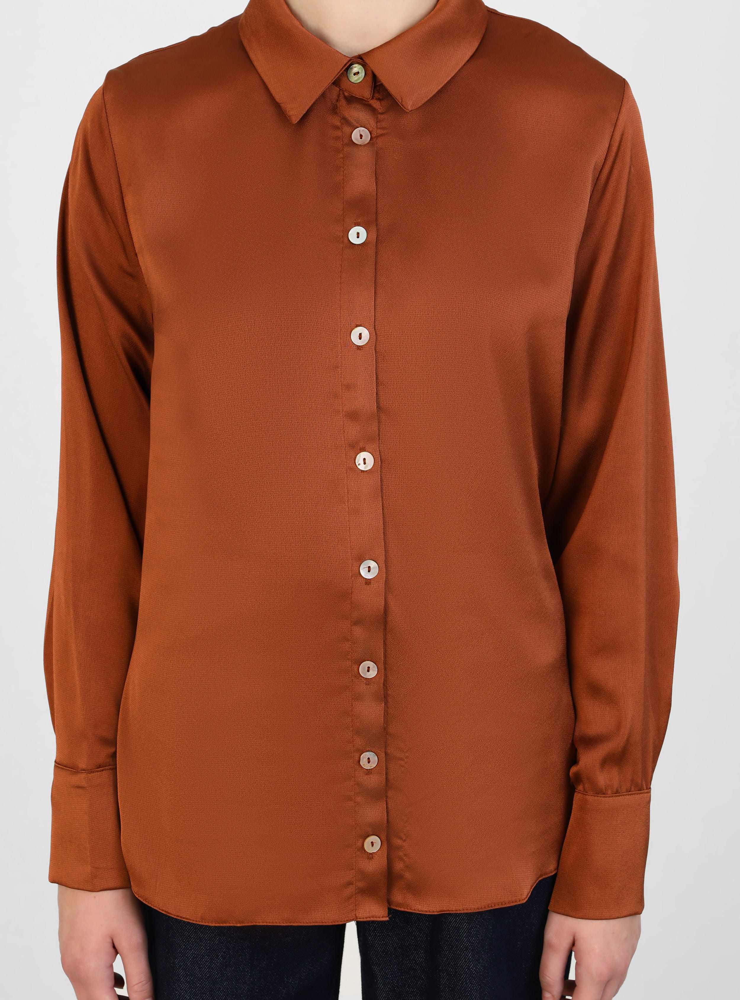 Sedef Düğme Detaylı Saten Tunik - Camel - Refka - Resim 3