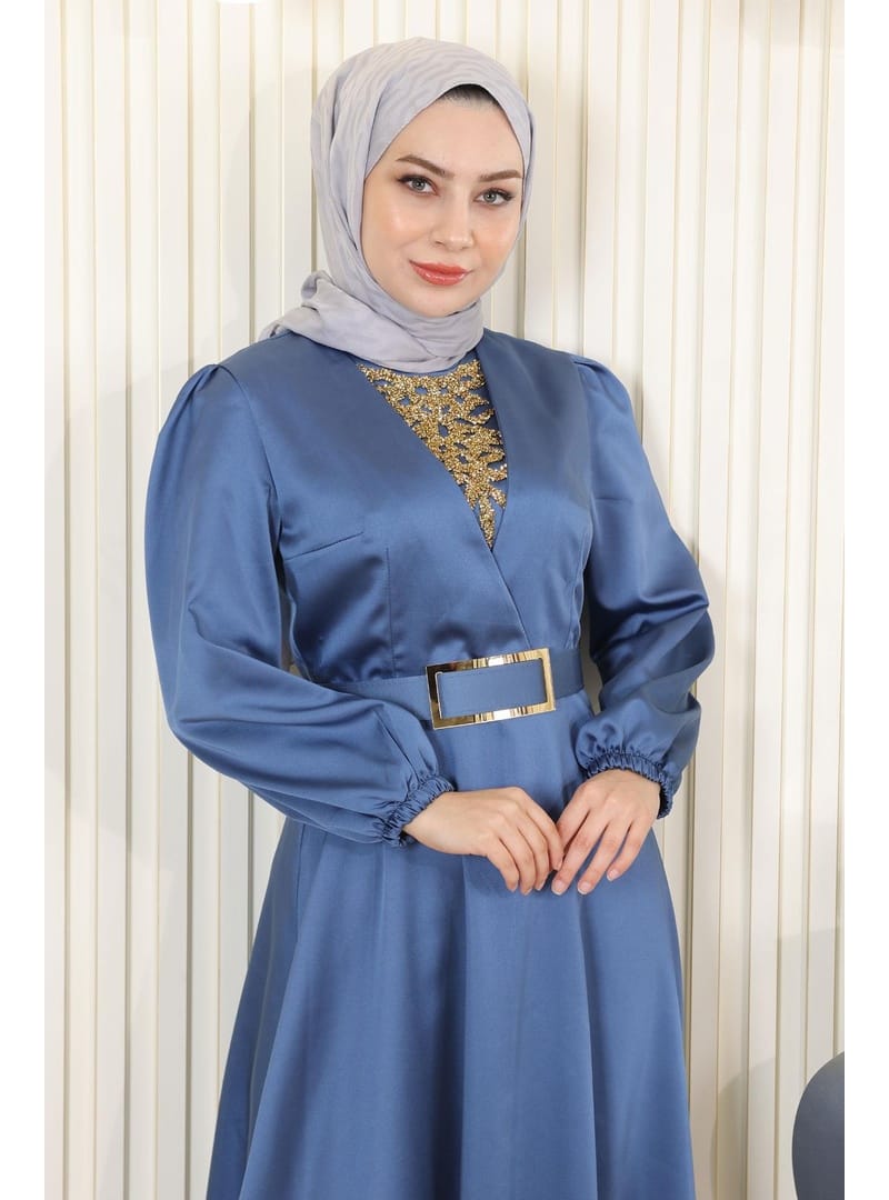 Taş Detaylı Saten Abiye Mavi 19901 - Resim 2