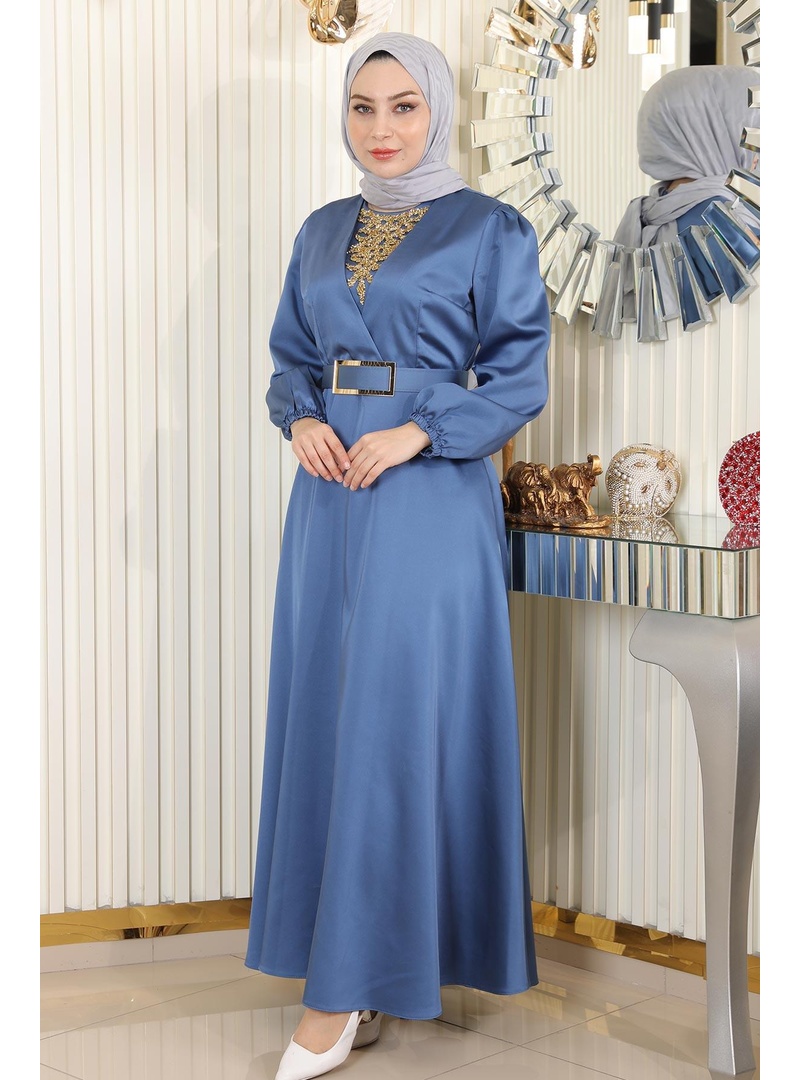 Taş Detaylı Saten Abiye Mavi 19901 - Resim 3