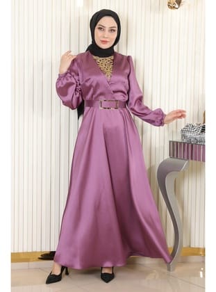Taş Detaylı Saten Abiye Gül Kurusu 19901