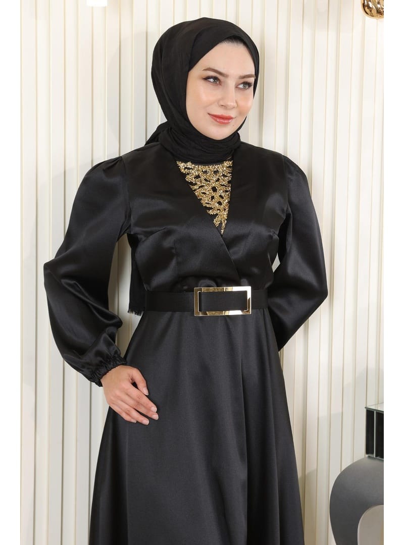 Taş Detaylı Saten Abiye Siyah 19901 - Resim 2