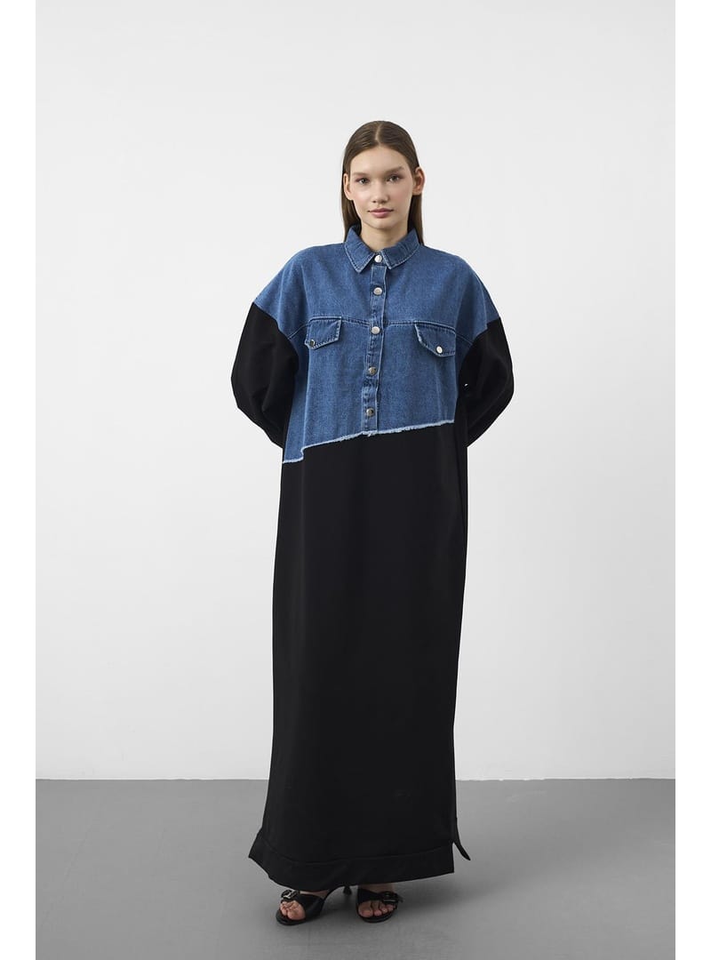 Siyah Denim Detaylı Çıt Çıtlı Pamuklu Örme Elbise Siyah - Resim 2