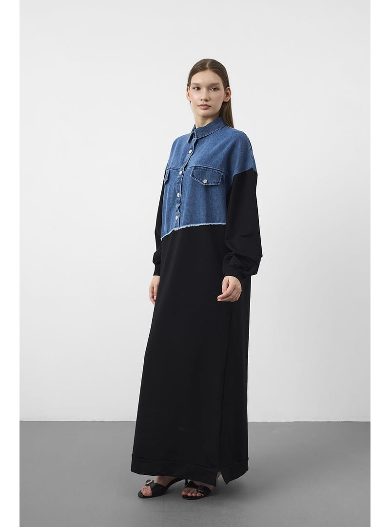 Siyah Denim Detaylı Çıt Çıtlı Pamuklu Örme Elbise Siyah - Resim 3