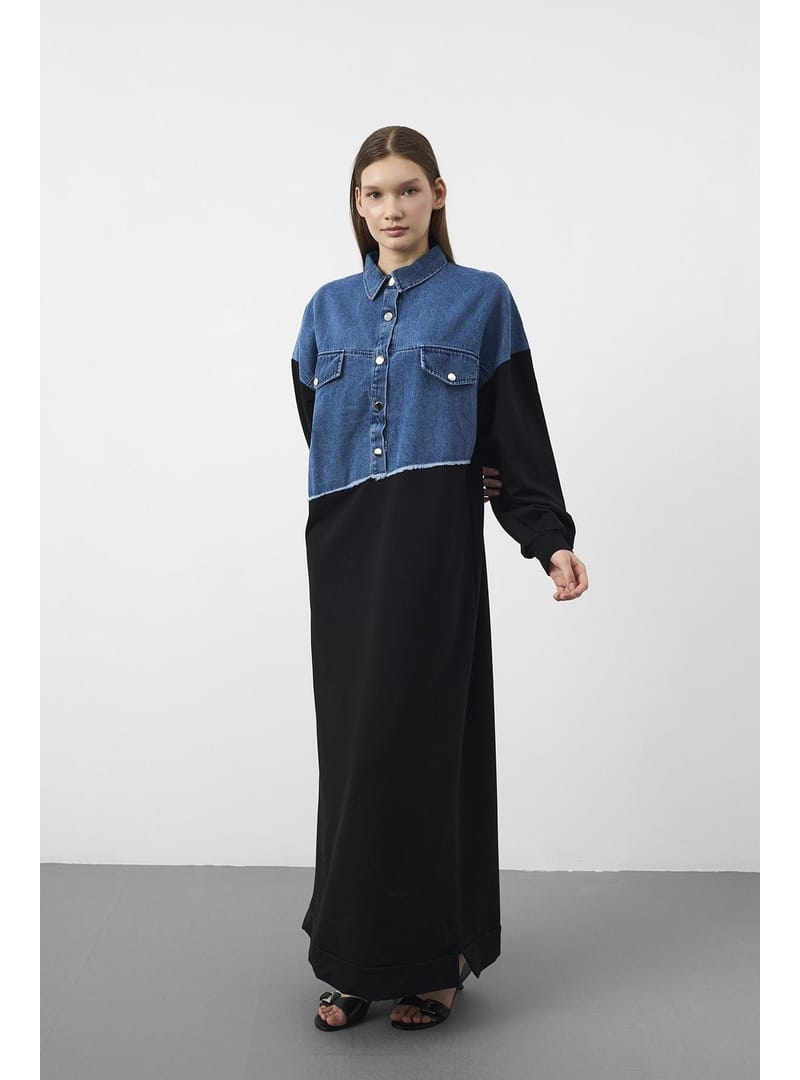 Siyah Denim Detaylı Çıt Çıtlı Pamuklu Örme Elbise Siyah - Resim 4