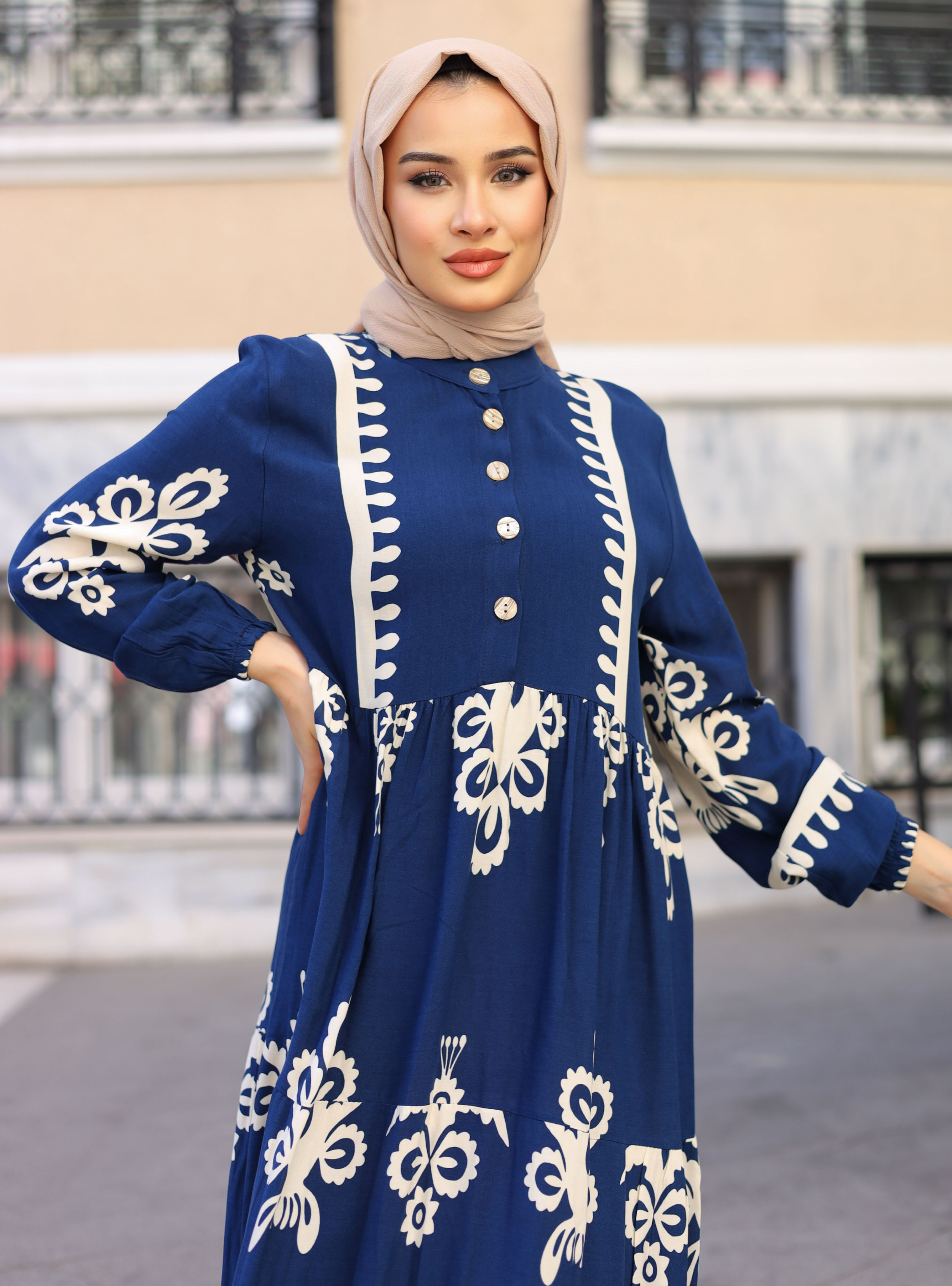 DESENLİ ELBİSE - Lacivert - ZENANE - Resim 2