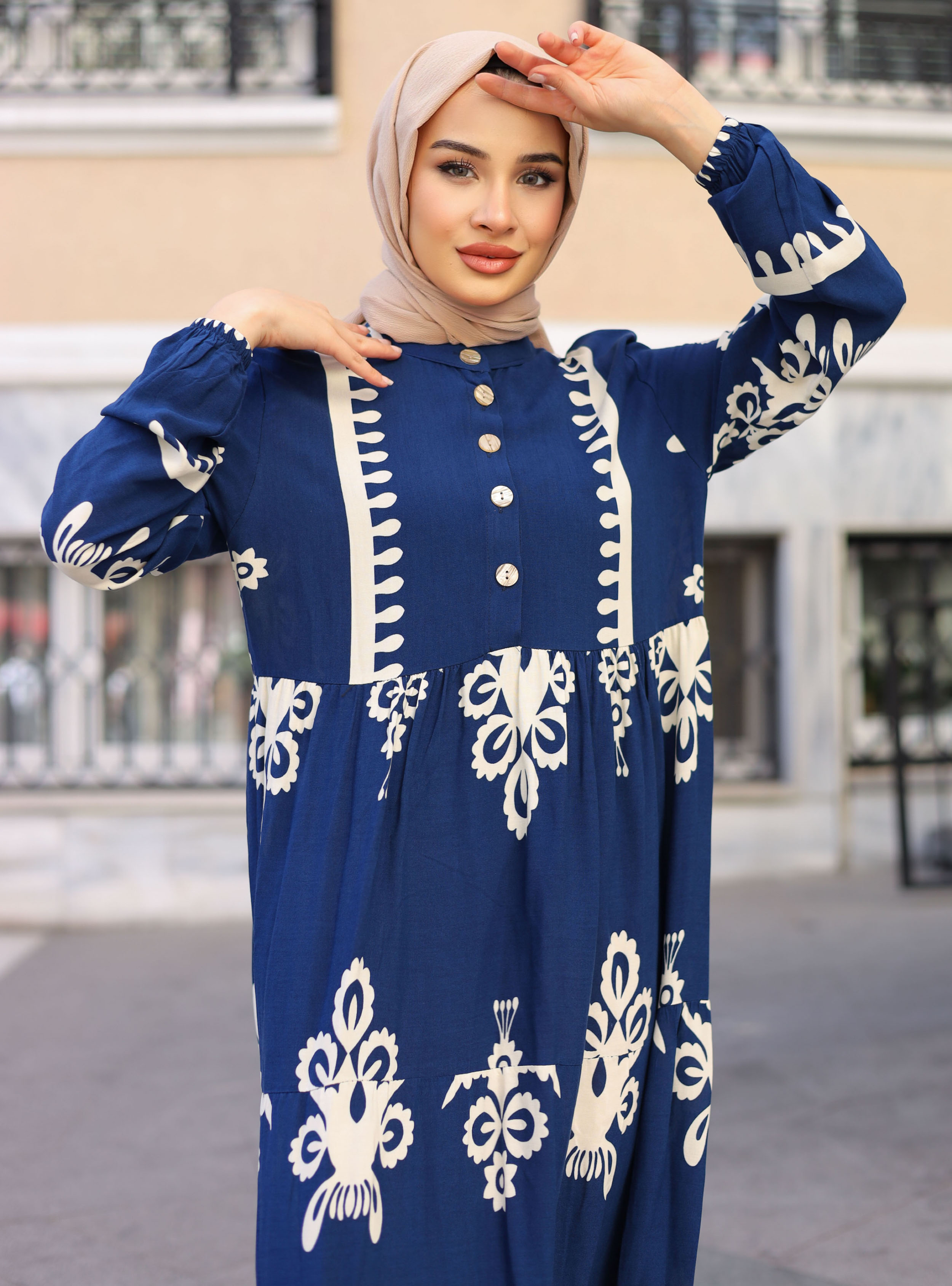DESENLİ ELBİSE - Lacivert - ZENANE - Resim 3