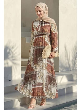 Viera Şal Desenli Yakası Kuşaklı Bordo Şifon Elbise