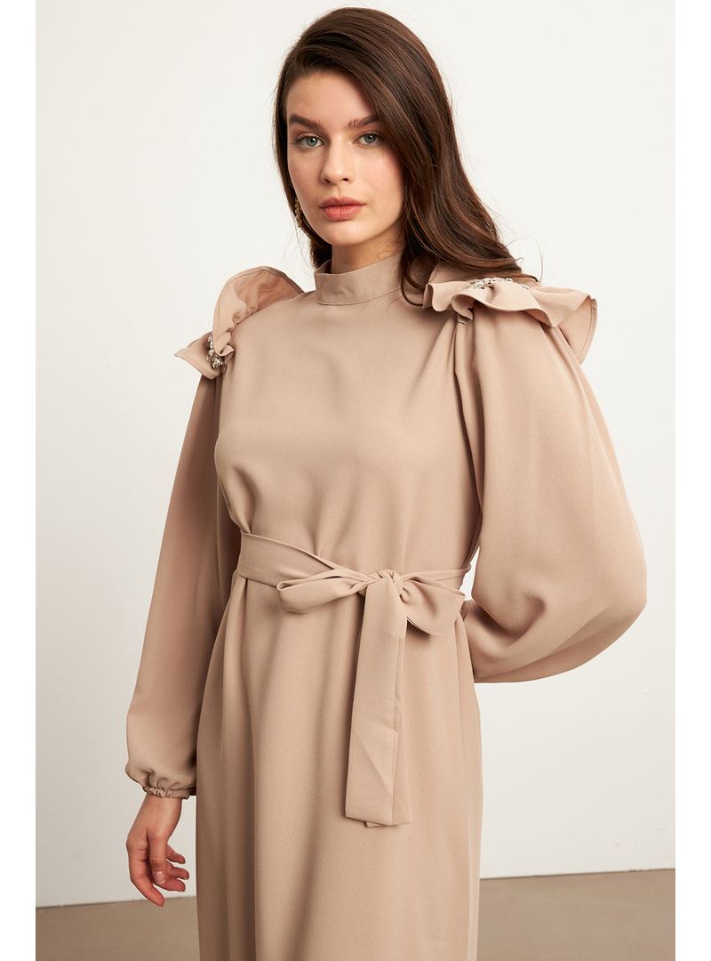 Layla Aksesuarlı Elbise - Vizon - Resim 4