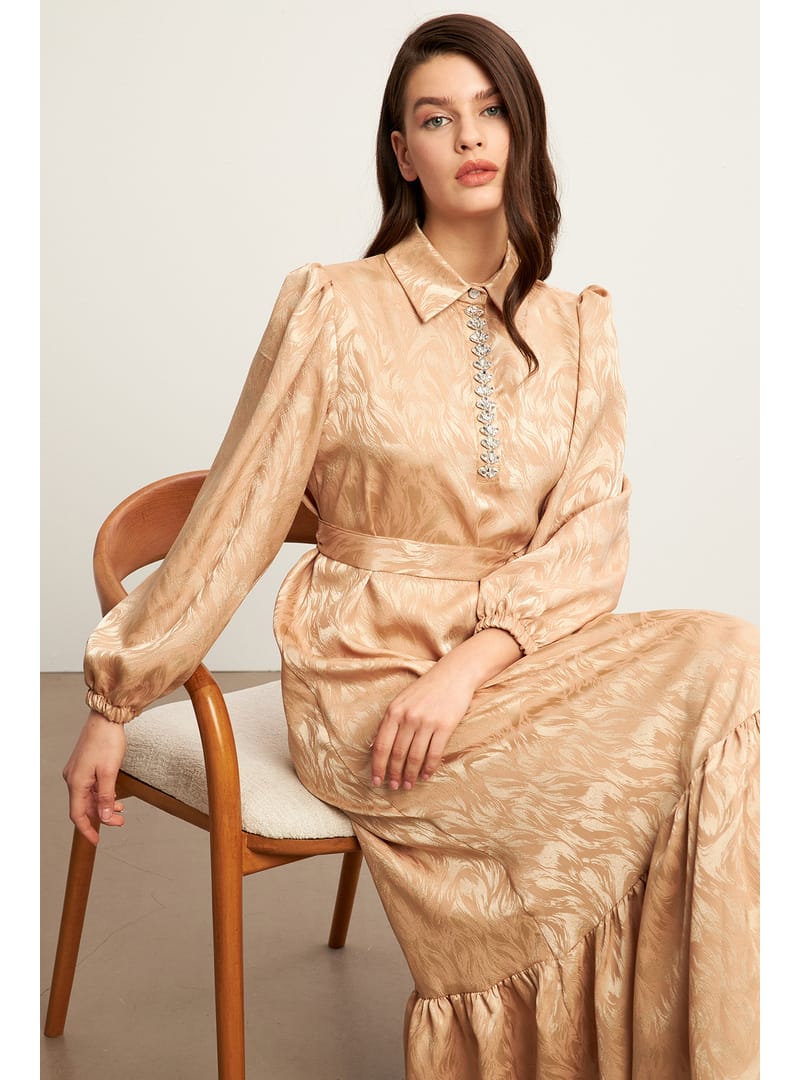 Royal Taşlı Jakar Elbise - Gold - Resim 2