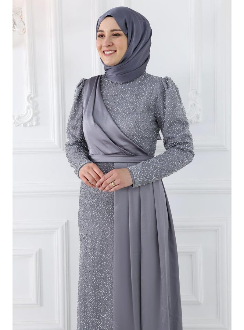 Amine Hüma Ecmel Tesettür Abiye Gri - Resim 2
