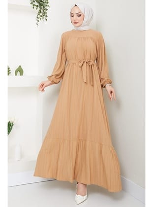 Robalı Kuşaklı Elbise Camel HM2451