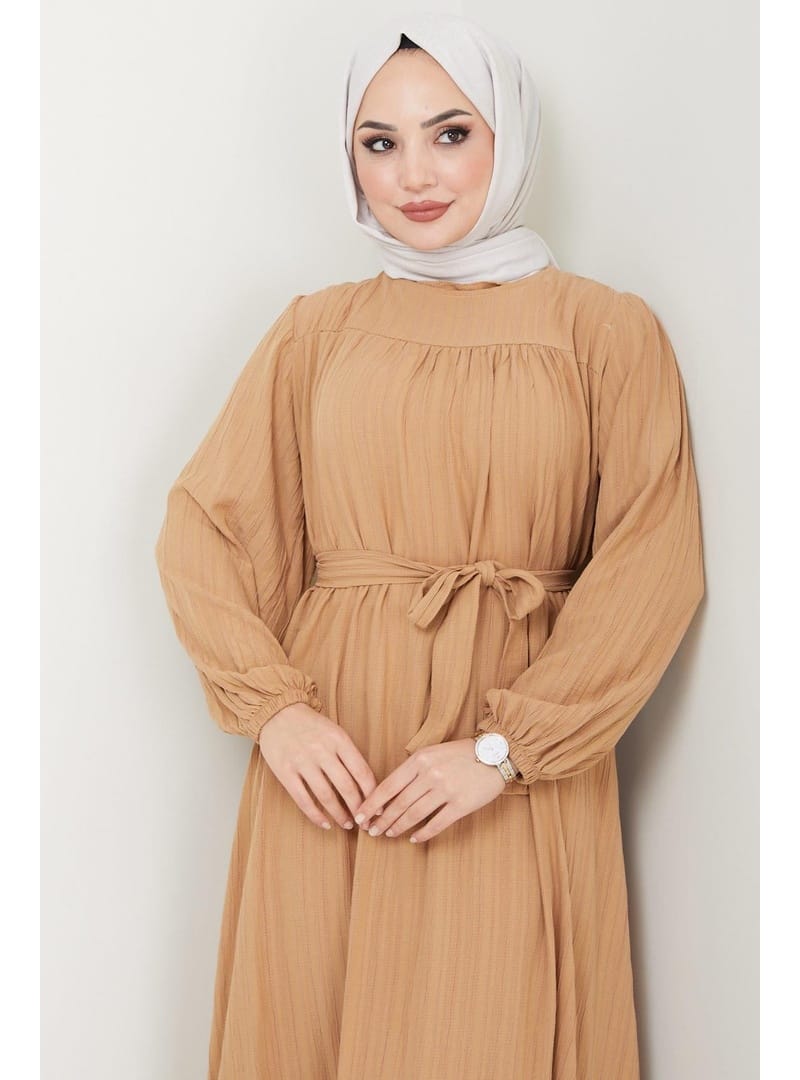 Robalı Kuşaklı Elbise Camel HM2451 - Resim 2