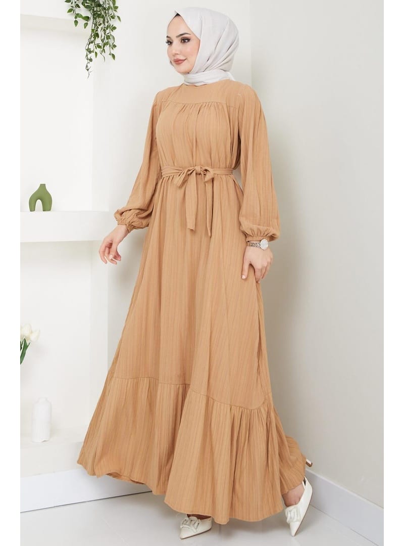 Robalı Kuşaklı Elbise Camel HM2451 - Resim 3