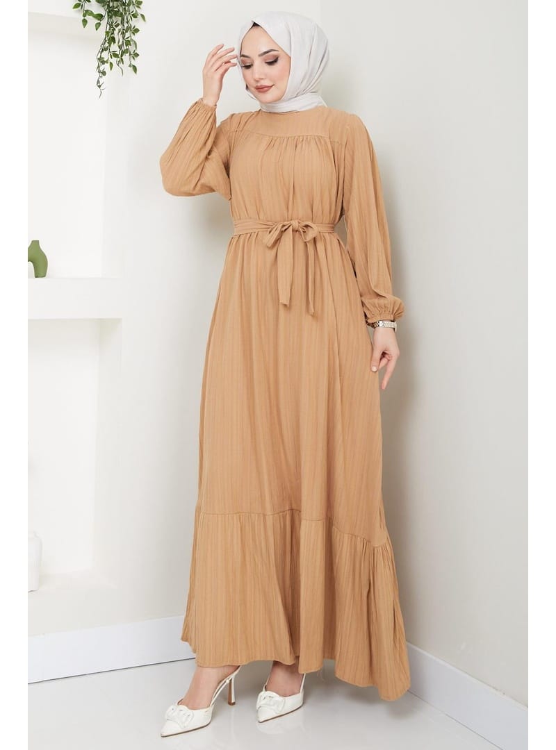 Robalı Kuşaklı Elbise Camel HM2451 - Resim 4