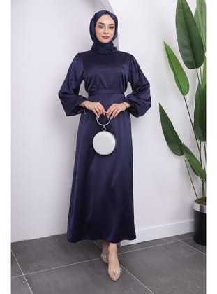 Lacivert Hakim Yaka Balon Kol Saten Abiye Elbise
