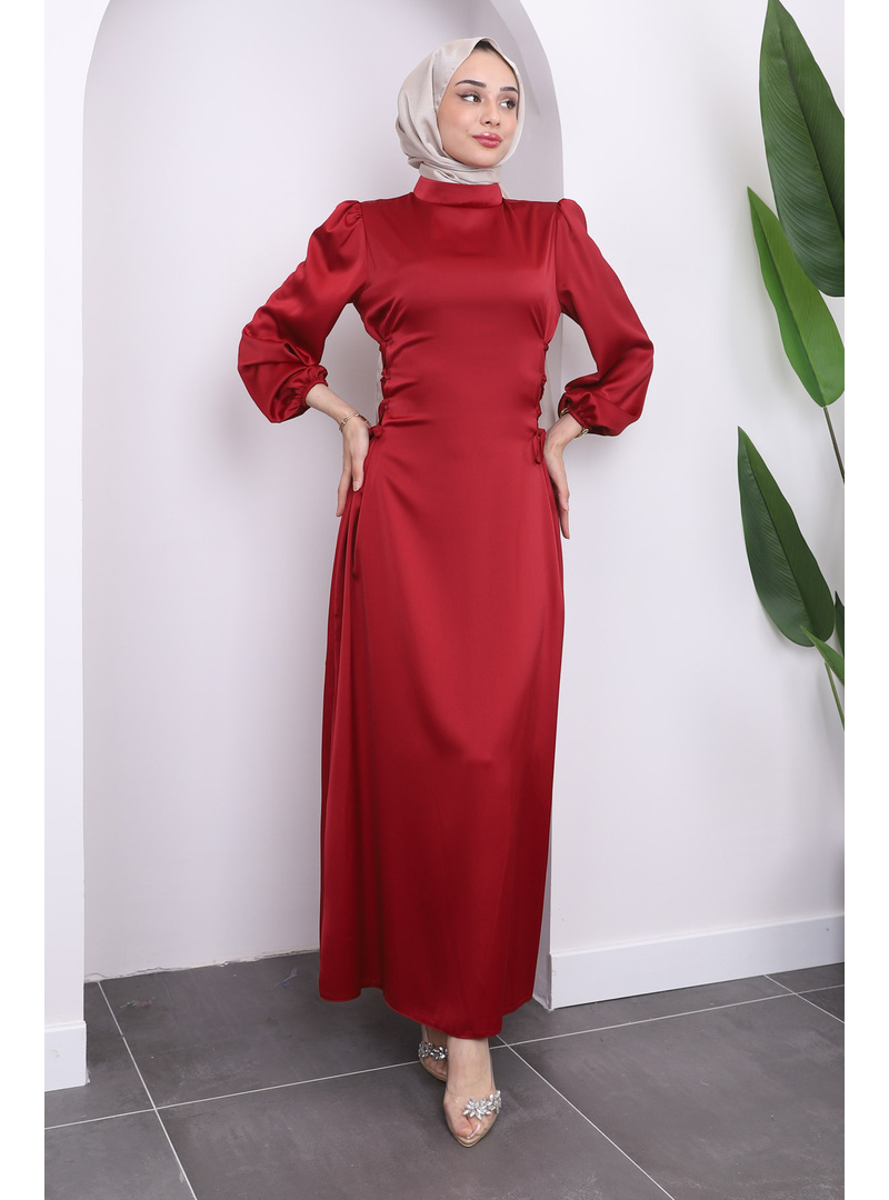 Kırmızı Yan Detaylı Saten Abiye - Resim 2
