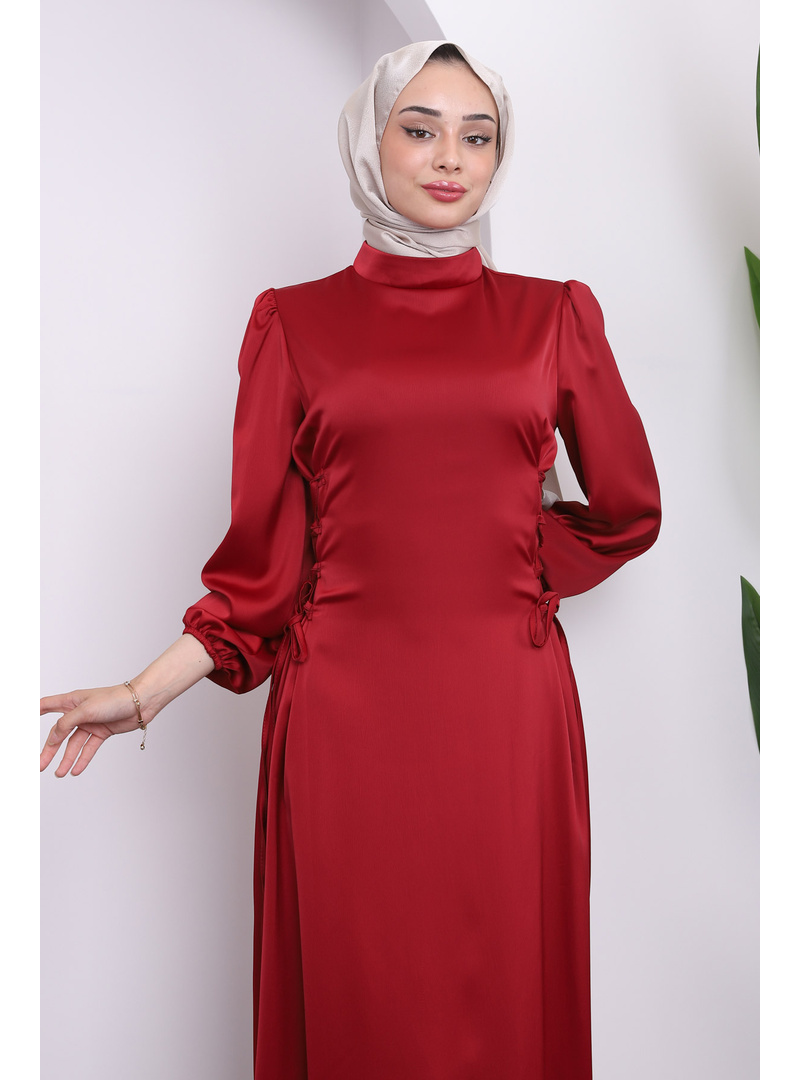 Kırmızı Yan Detaylı Saten Abiye - Resim 3