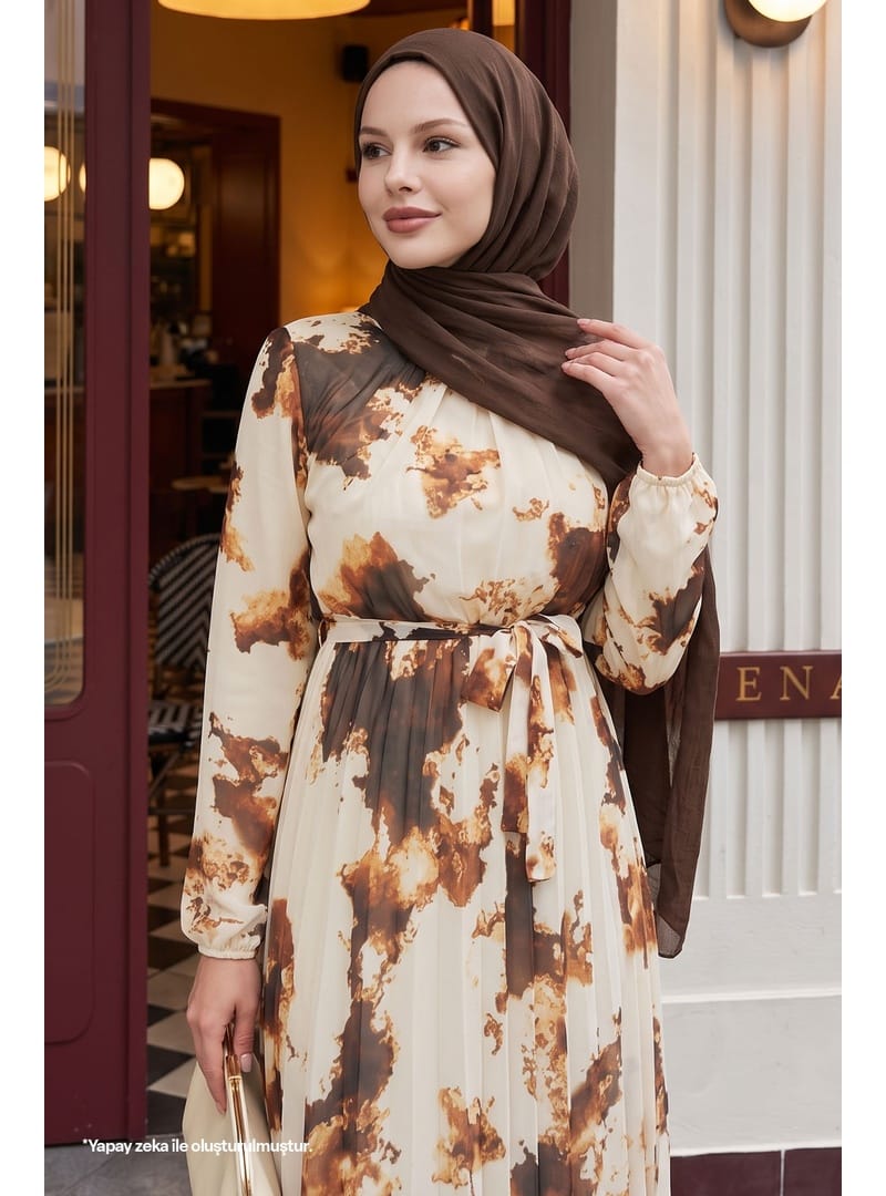 Batik Soyut Desen Kahverengi Şifon Elbise - Resim 2