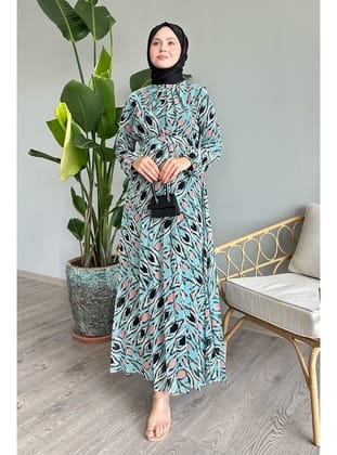 Soyut Fırça Desen Mint Şifon Elbise