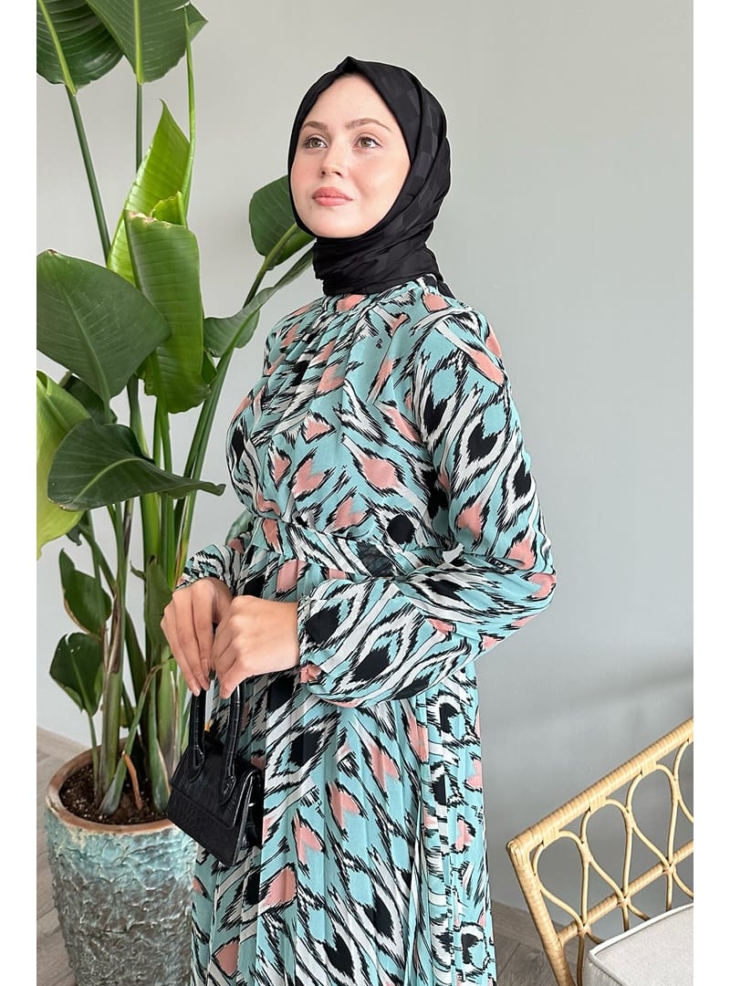 Soyut Fırça Desen Mint Şifon Elbise - Resim 2