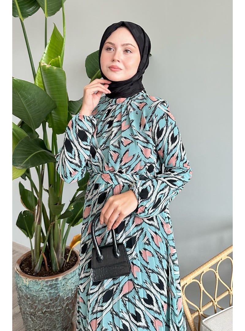 Soyut Fırça Desen Mint Şifon Elbise - Resim 4