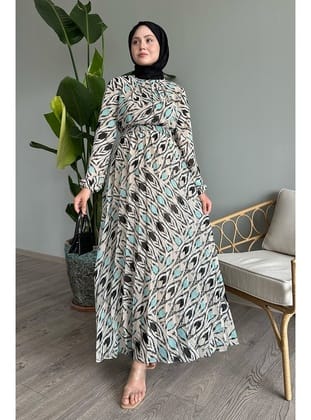 Soyut Fırça Desen Bej Şifon Elbise