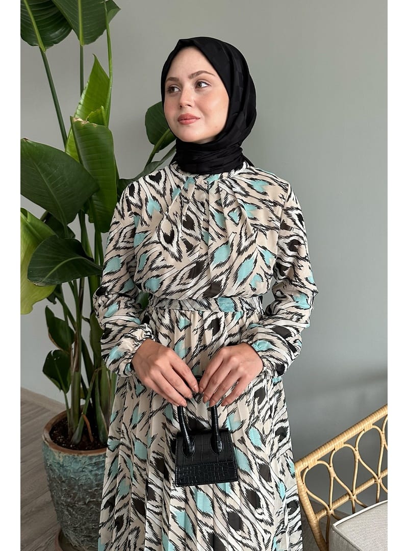 Soyut Fırça Desen Bej Şifon Elbise - Resim 2