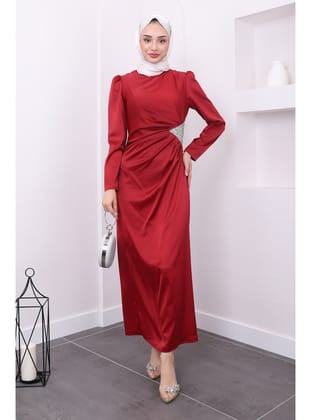 Bordo Taş Detaylı Saten Abiye
