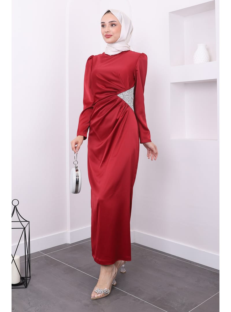 Bordo Taş Detaylı Saten Abiye - Resim 2