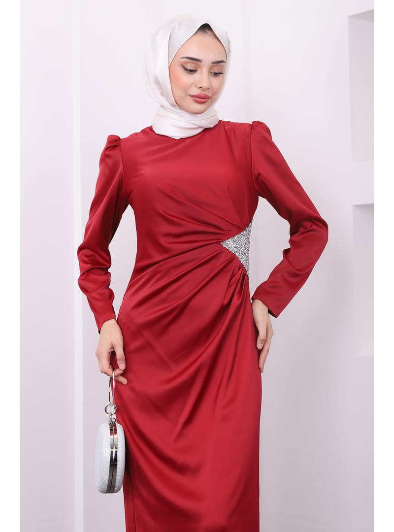 Bordo Taş Detaylı Saten Abiye - Resim 3