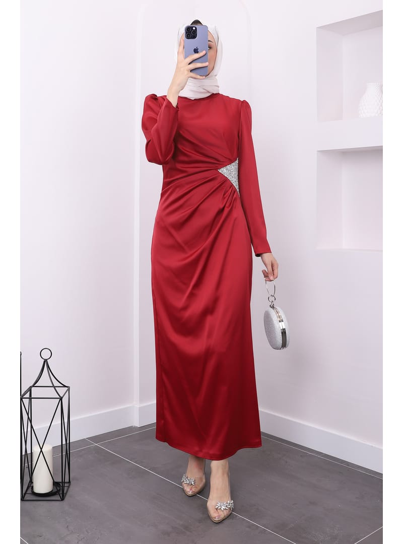 Bordo Taş Detaylı Saten Abiye - Resim 4