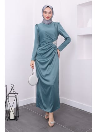 Mint Taş Detaylı Saten Abiye