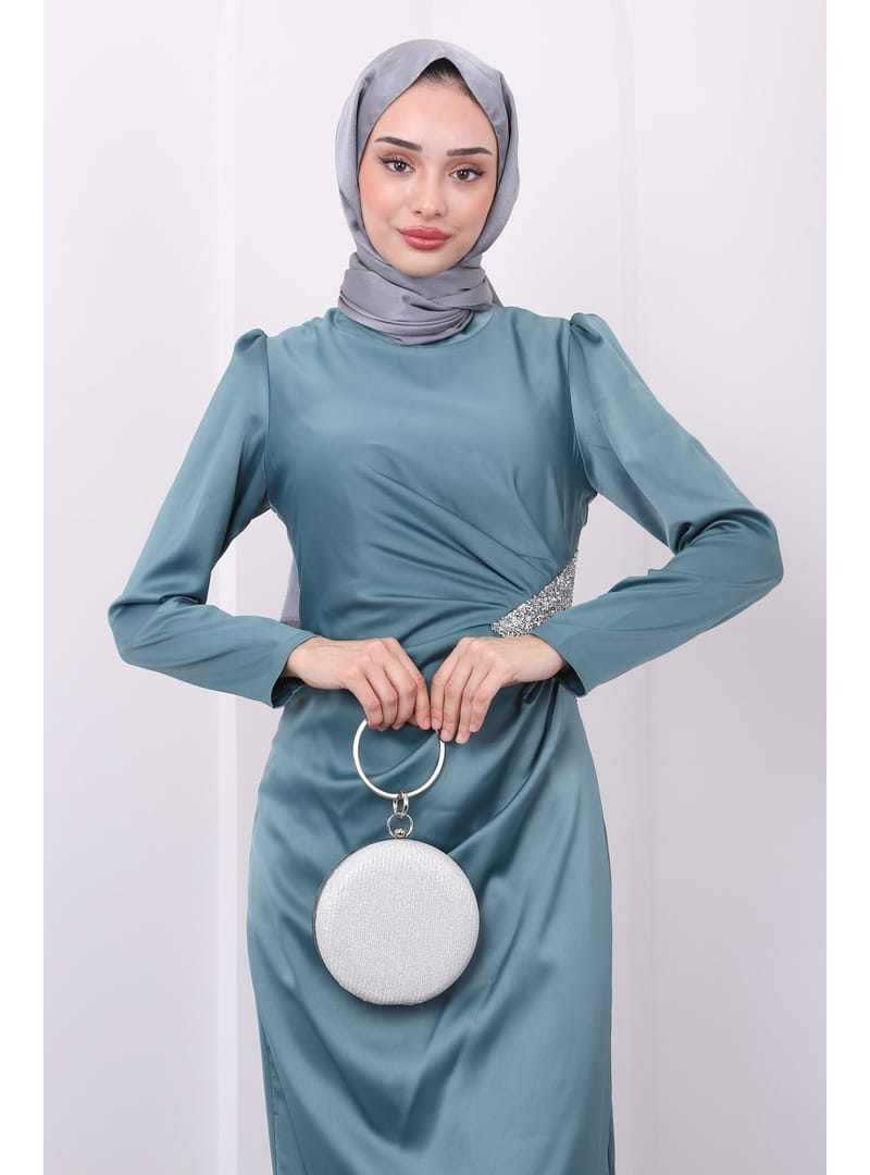 Mint Taş Detaylı Saten Abiye - Resim 3